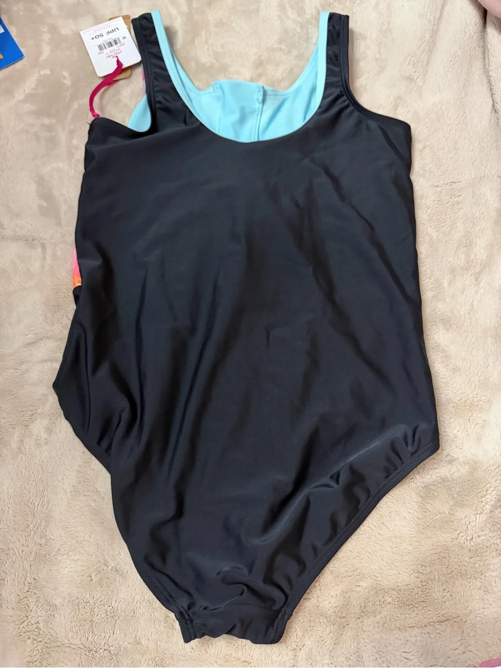 Justice Girls Tie-Dye Bubble Gum One-Piece Swimsuit - Aqua/Black/Pastel